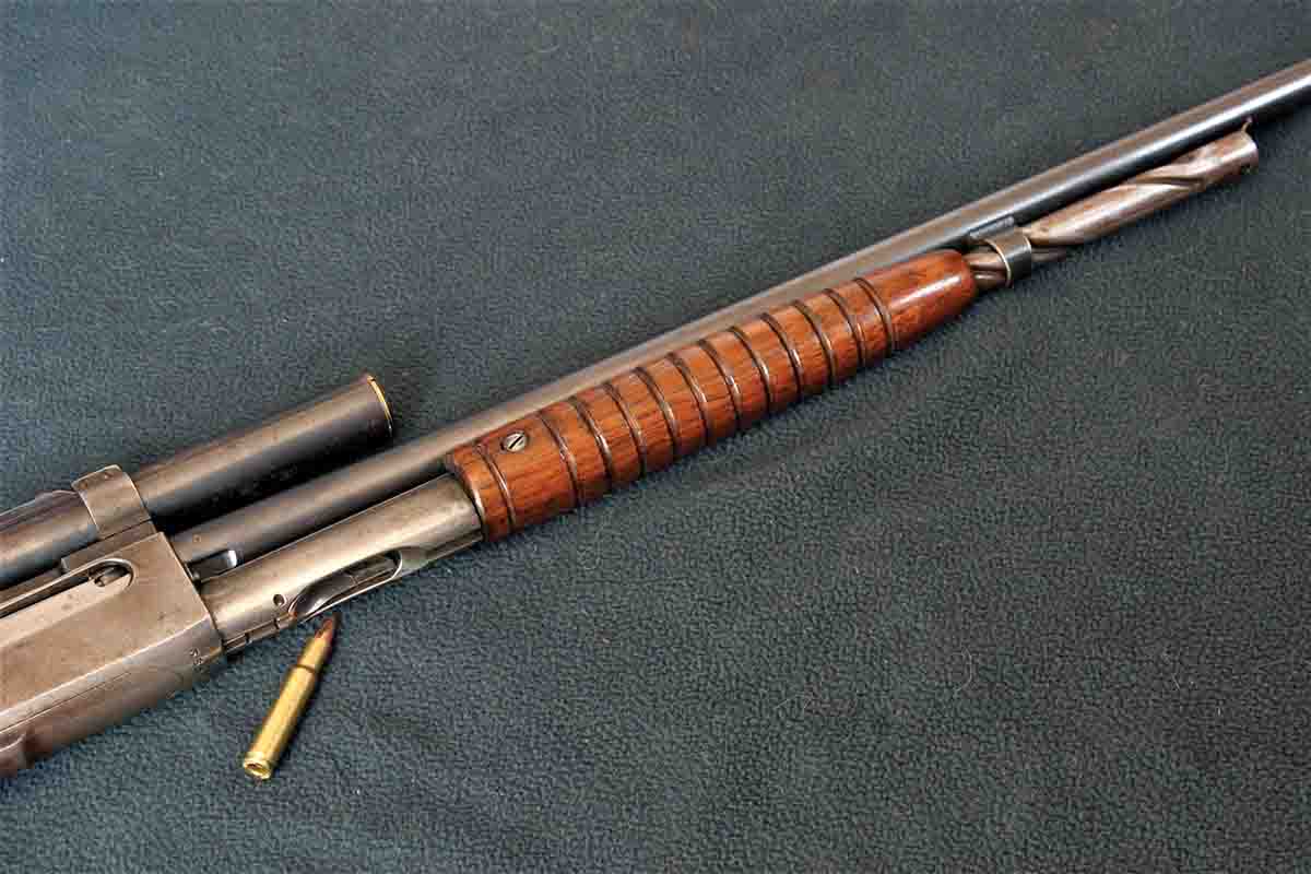One interesting tube magazine appeared on the Remington Model 14 pump-action centerfire rifle. The tube itself was spiraled, so spitzer bullets wouldn’t set off the primer of the round in front. The tube is loaded through a port in the rear of the tube, just in front of the action.